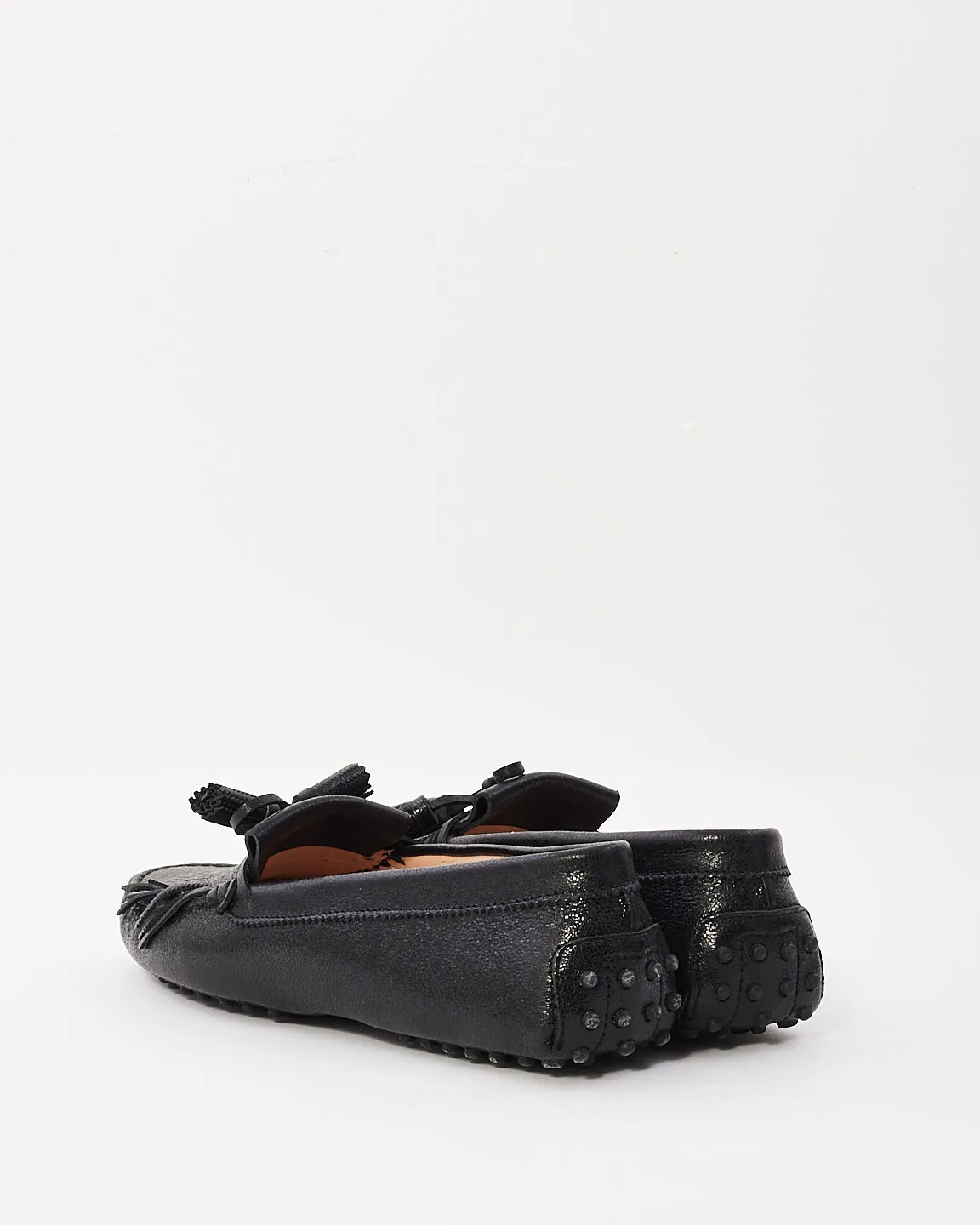Tods Black Leather Fringe Loafers - 39