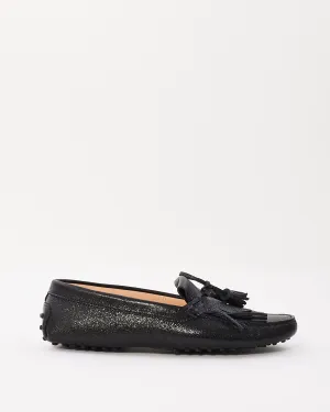 Tods Black Leather Fringe Loafers - 39
