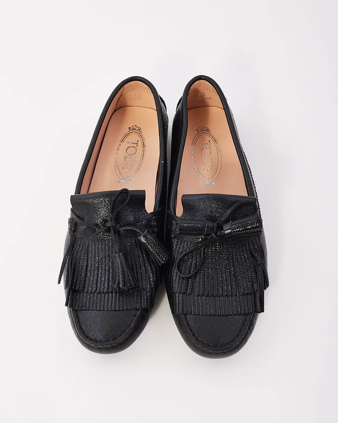 Tods Black Leather Fringe Loafers - 39