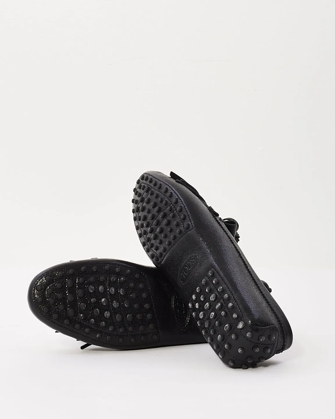 Tods Black Leather Fringe Loafers - 39