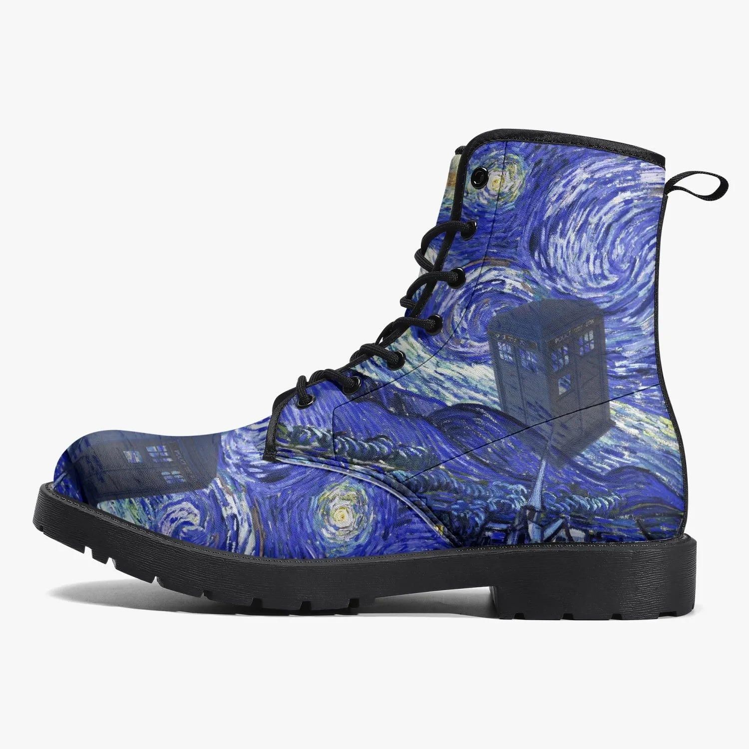 Van Gogh and the Doctor Vegan Leather Combat Boots - Starry Night Tardis Boots (JPREG34)
