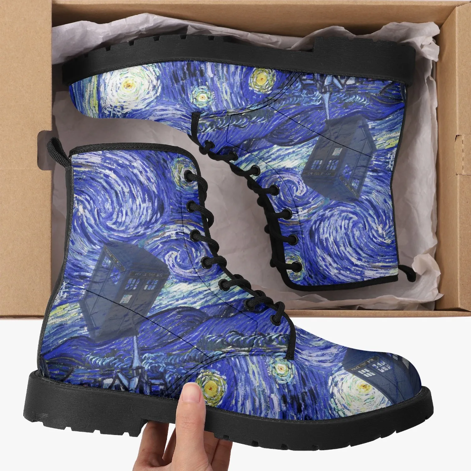 Van Gogh and the Doctor Vegan Leather Combat Boots - Starry Night Tardis Boots (JPREG34)