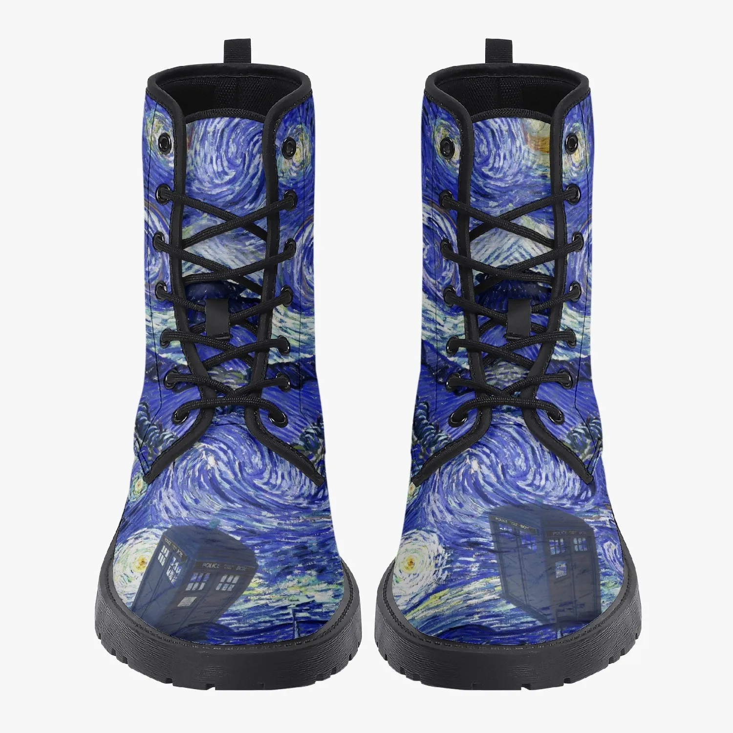 Van Gogh and the Doctor Vegan Leather Combat Boots - Starry Night Tardis Boots (JPREG34)