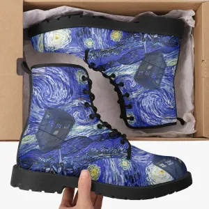 Van Gogh and the Doctor Vegan Leather Combat Boots - Starry Night Tardis Boots (JPREG34)