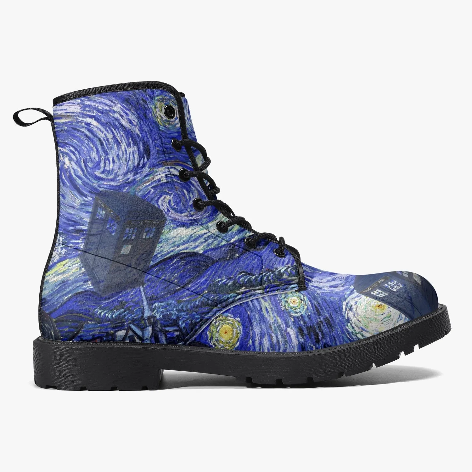 Van Gogh and the Doctor Vegan Leather Combat Boots - Starry Night Tardis Boots (JPREG34)