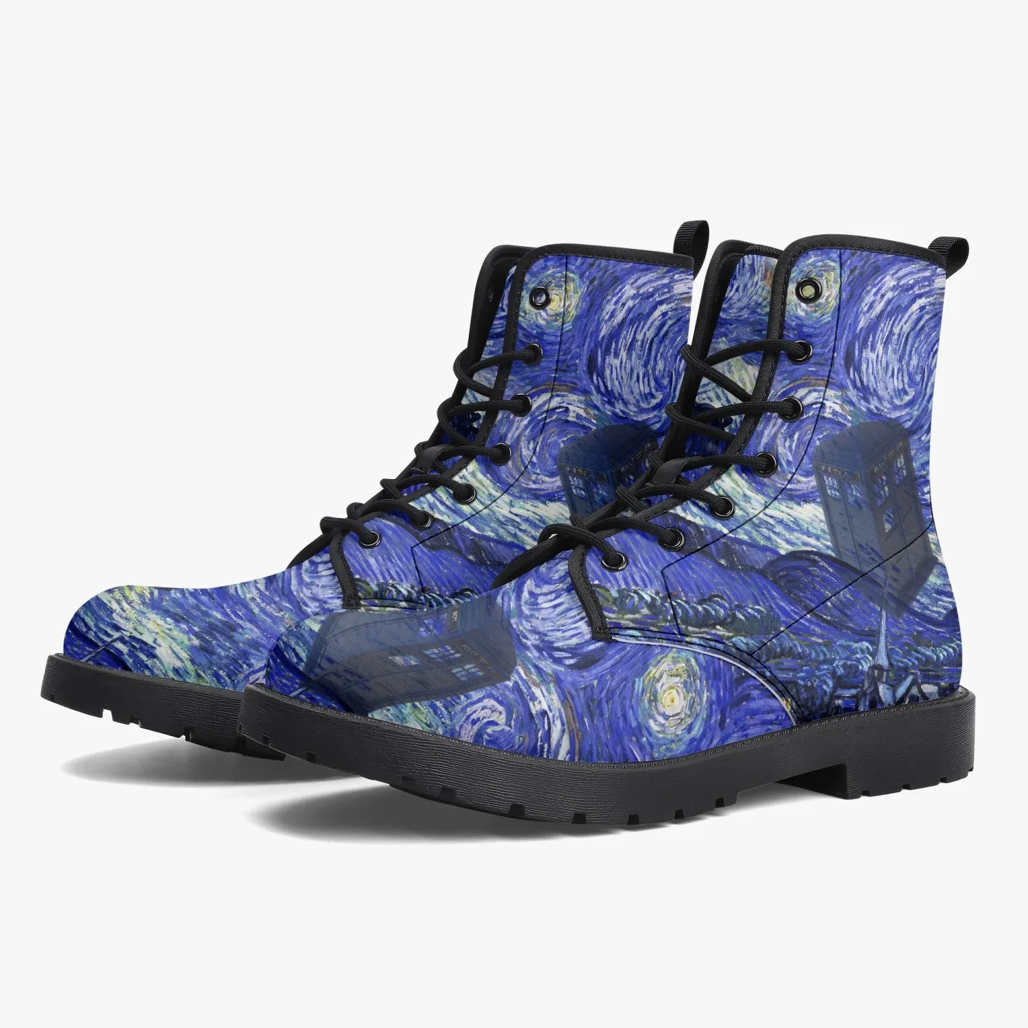 Van Gogh and the Doctor Vegan Leather Combat Boots - Starry Night Tardis Boots (JPREG34)