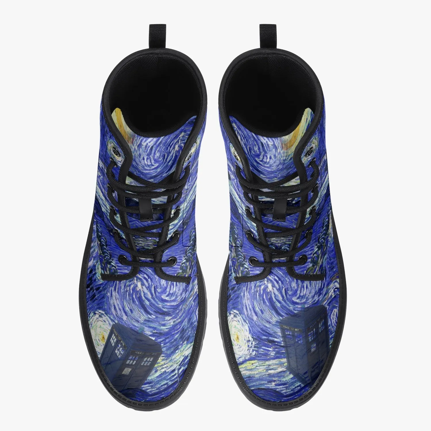 Van Gogh and the Doctor Vegan Leather Combat Boots - Starry Night Tardis Boots (JPREG34)
