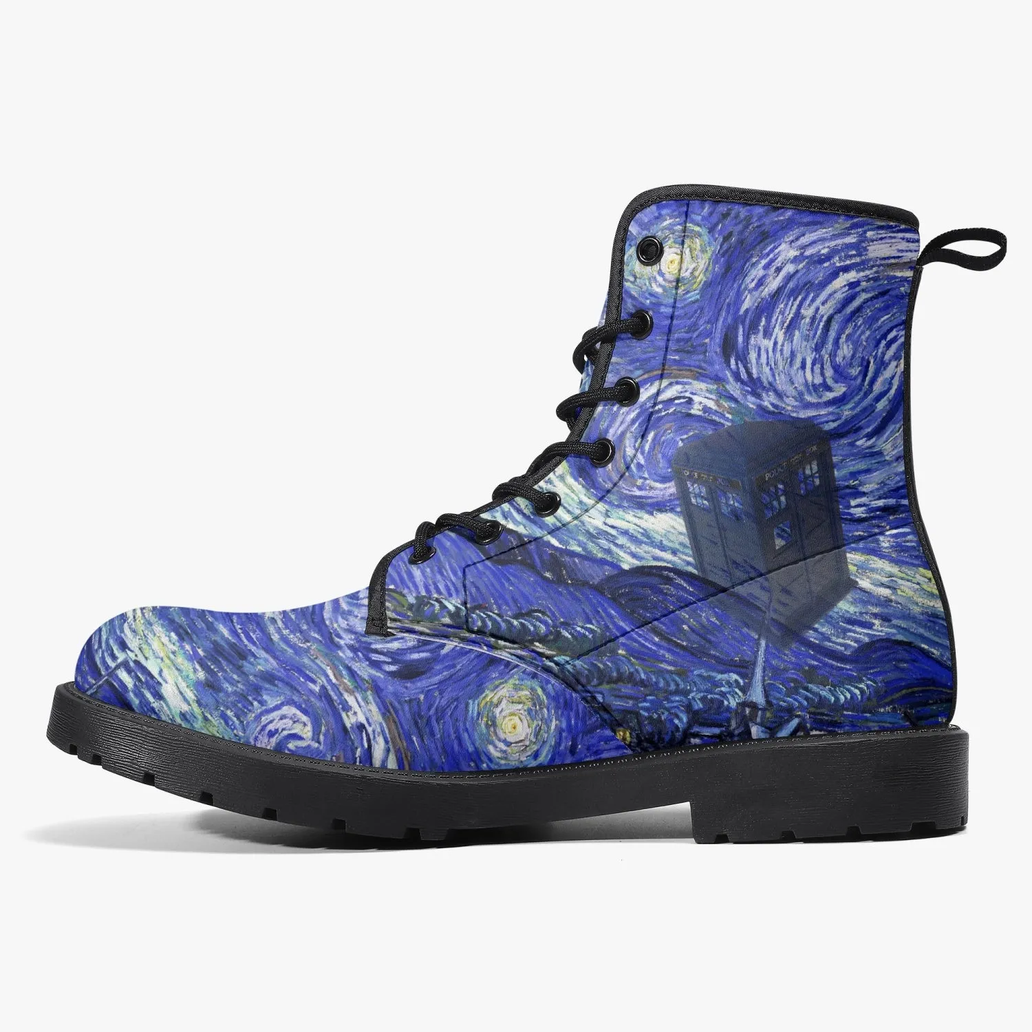 Van Gogh and the Doctor Vegan Leather Combat Boots - Starry Night Tardis Boots (JPREG34)
