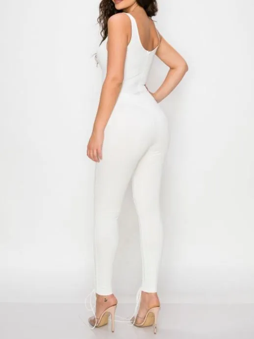 White 2 Piece Sleeveless Bodysuit and Leggings Set