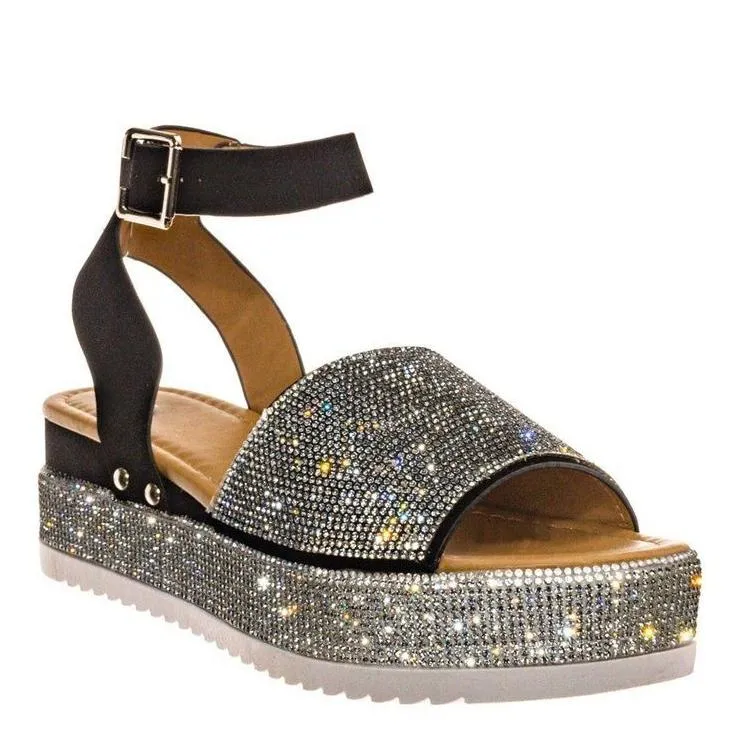 Women's rhinestone buckle strap peep toe platform sandals