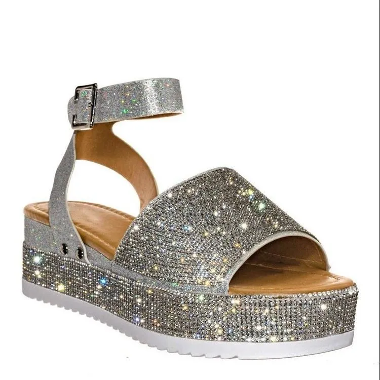 Women's rhinestone buckle strap peep toe platform sandals