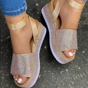 Women's rhinestone buckle strap peep toe platform sandals